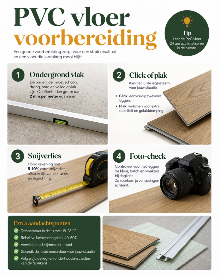 Infographic met controles voor PVC vloer voorbereiding