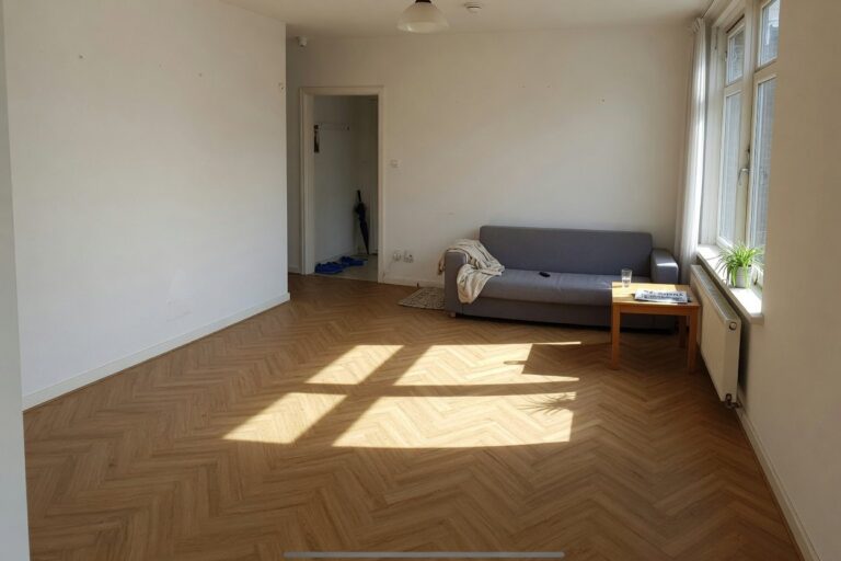 Visgraatvloer van pvc in een warme eikentint in een lichte woonkamer